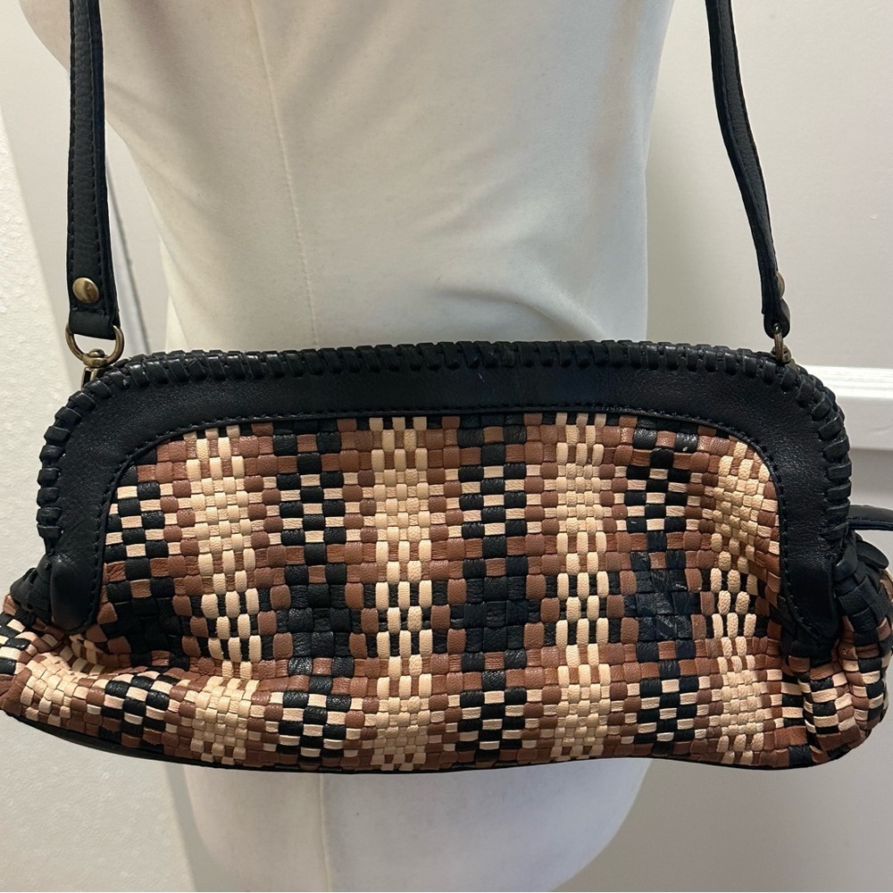 Woven Leather Clever Carriage Black and Brown Woven Leather Shoulder Bag Clutch